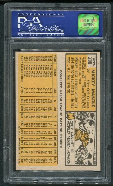 1963 Topps #200 Mickey Mantle PSA 8 NM-MT