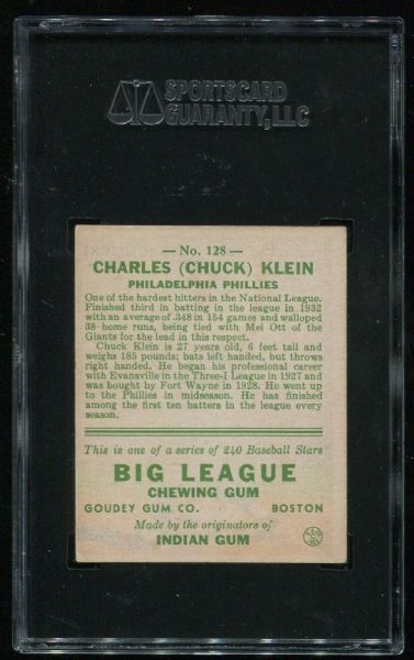 1933 Goudey #128 Chuck Klein SGC 60