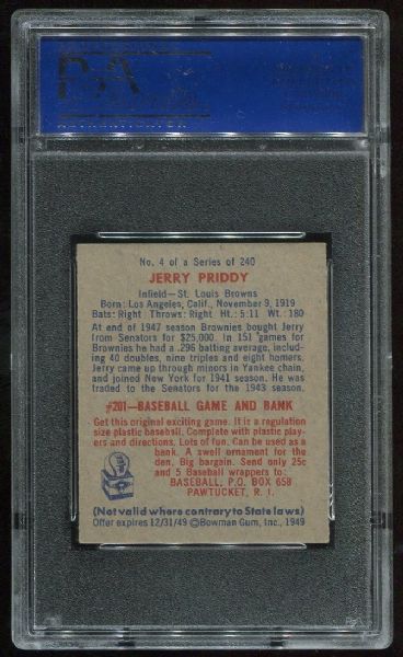 1949 Bowman 4 Jerry Priddy PSA 8