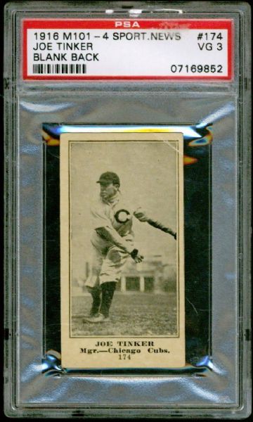 1916 M101-4 Sporting News Blank Back #174 Joe Tinker PSA 3