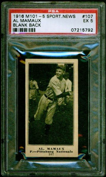 1916 M101-5 Sporting News Blank Back #107 Al Mamaux PSA 5