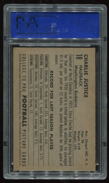 1952 Bowman Large #18 Charlie Justice Short Print PSA 6