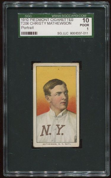 1909-11 T206 Piedmont Christy Mathewson Portrait SGC 10