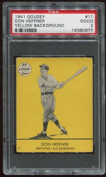 1941 Goudey #11 Don Heffner Yellow PSA 2