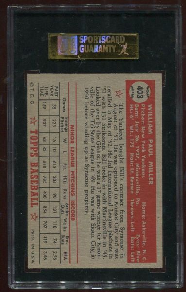 1952 Topps #403 Bill Miller High Number SGC 84