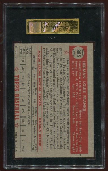 1952 Topps #385 Herman Franks High Number SGC 84