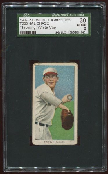 1909-11 T206 Piedmont Hal Chase Throwing White Cap SGC 30