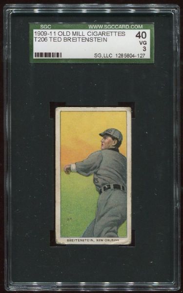 1909-11 T206 Old Mill Ted Breitenstein Southern Leaguer SGC 40