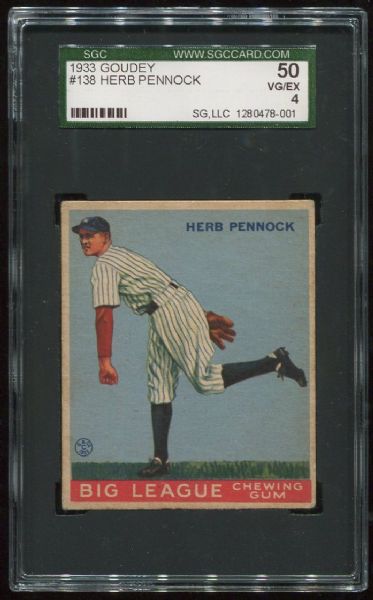 1933 Goudey #138 Herb Pennock SGC 50