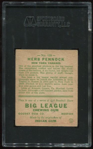 1933 Goudey #138 Herb Pennock SGC 50