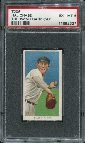 1909-11 T206 Sweet Caporal Hal Chase Throwing Dark Cap PSA 6