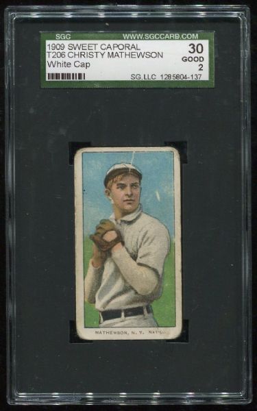 1909-11 T206 Sweet Caporal Christy Mathewson White Cap Fact 649 Overprint SGC 30