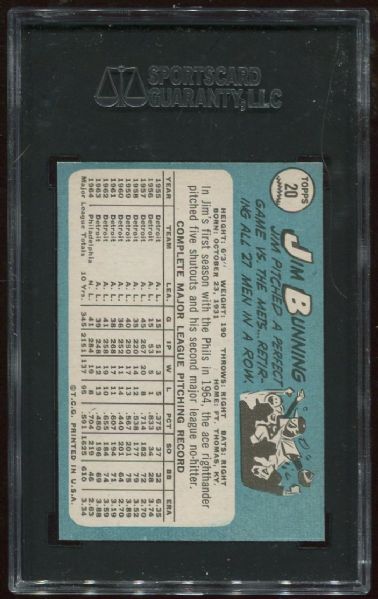 1965 Topps #20 Jim Bunning SGC 88