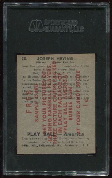 1939 Playball #20 Joe Heving Sample Card SGC Authentic