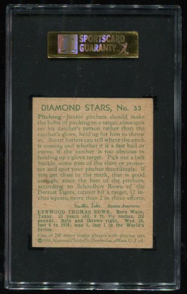1934-36 Diamond Stars #33 Schoolboy Rowe SGC 70