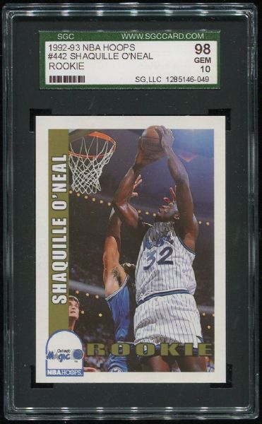 1992-93 NBA Hoops #442 Shaquille O'Neal Rookie SGC 98