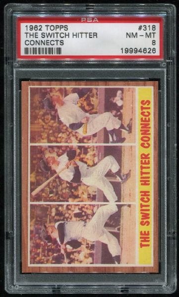 1962 Topps #318 The Switch Hitter Connects - Mickey Mantle PSA 8
