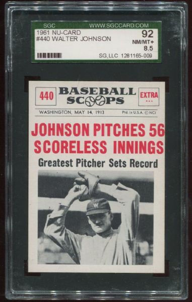 1961 Nu-Card #440 Walter Johnson SGC 92