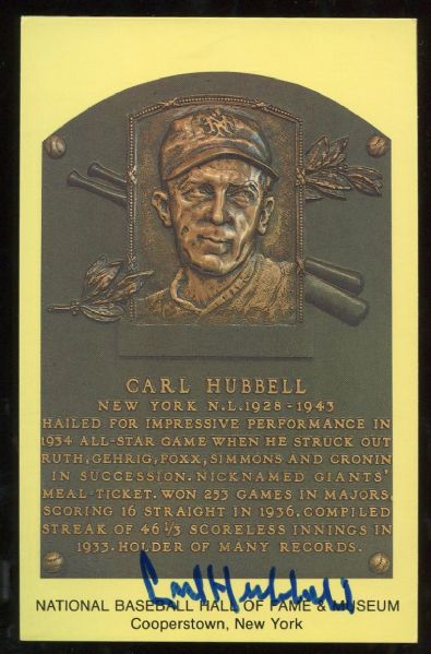 Carl Hubbell Signed Hall of Fame Postcard