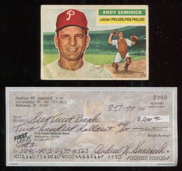 Andy Seminick Signed Personal Check with 1956 Topps Card