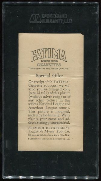 1913 T200 Fatima Cigarettes Philadelphia Americans SGC 30