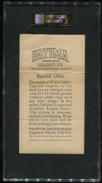 1913 T200 Fatima Cigarettes Washington Americans SGC Authentic