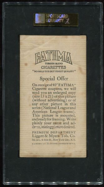 1913 T200 Fatima Cigarettes Boston Americans SGC 30