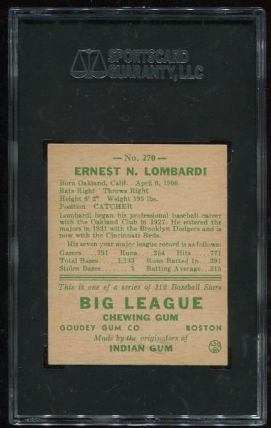 1938 Goudey #270 Ernie Lombardi Reds SGC 80