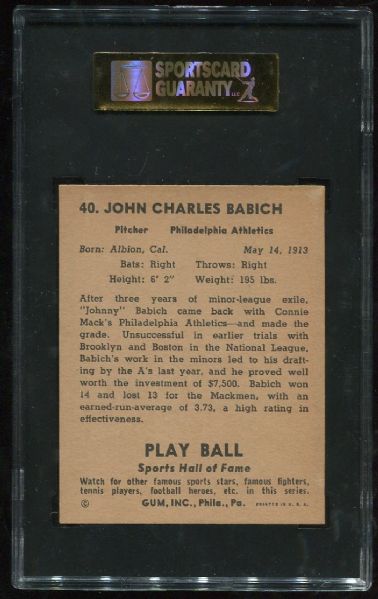 1941 Playball #40 Johnny Babich SGC 88