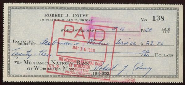 Bob Cousy Signed Personal Check From 1958 - During Playing Career
