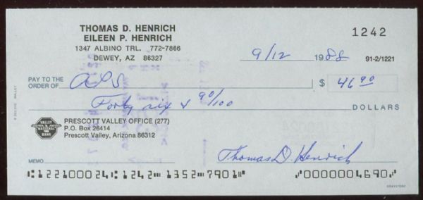 Tommy Henrich Signed Personal Check