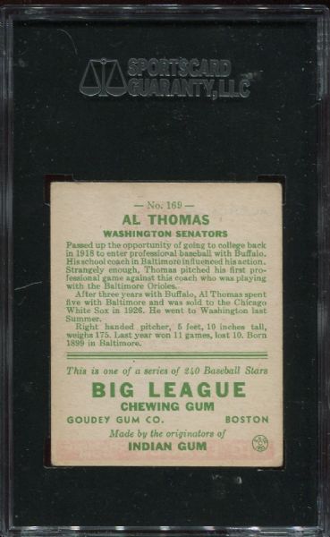 1933 Goudey #169 Al Thomas SGC 50