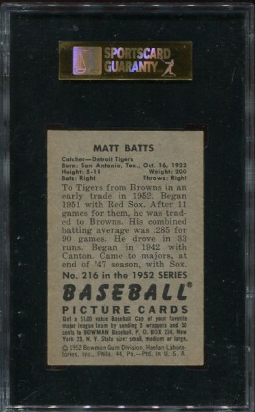 1952 Bowman #216 Matt Batts SGC 84