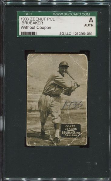 1933 Zeenut PCL Brubaker Without Coupon SGC Authentic
