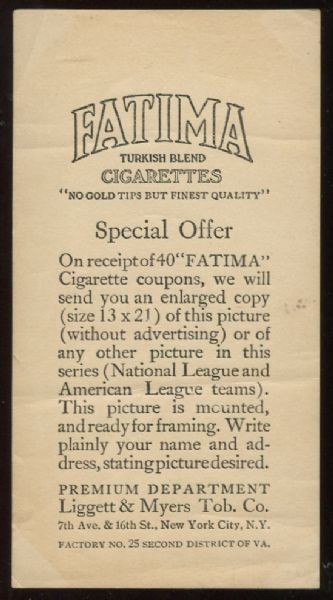 1913 T200 Fatima Cigarettes Washington Americans - Authentic