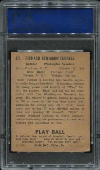 1940 Play Ball #21 Rick Ferrell PSA 4