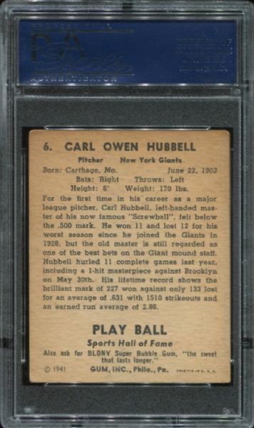 1941 Play Ball #6 Carl Hubbell PSA 3