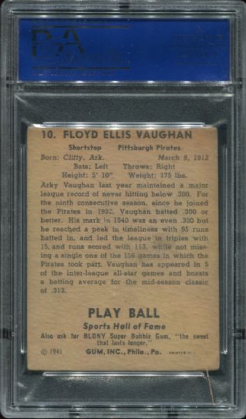 1941 Play Ball #10 Arky Vaughan PSA 3