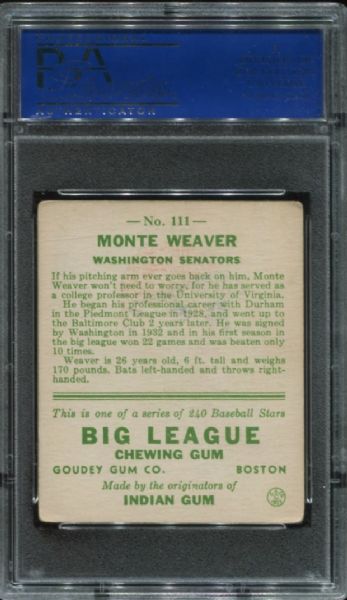 1933 Goudey #111 Monte Weaver PSA 4