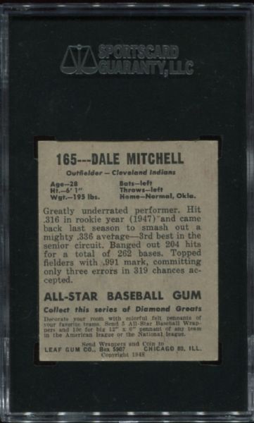 1948-49 Leaf Gum #165 Dale Mitchell Rookie Short Print SGC 86