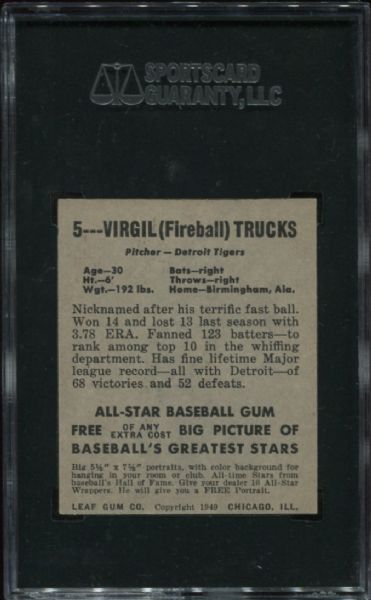 1948-49 Leaf Gum #5 Virgil Trucks Rookie Short Print SGC 70