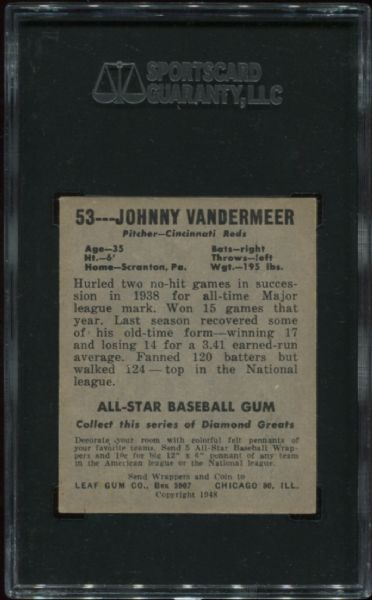 1948-49 Leaf Gum #53 Johnny Vandermeer SGC 84