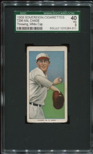 1909-11 T206 Sovereign Hal Chase Throwing White Cap SGC 40