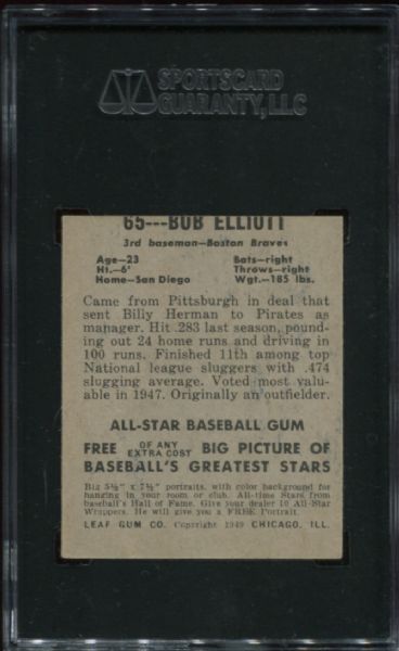 1948-49 Leaf Gum #65 Bob Elliot SGC 60