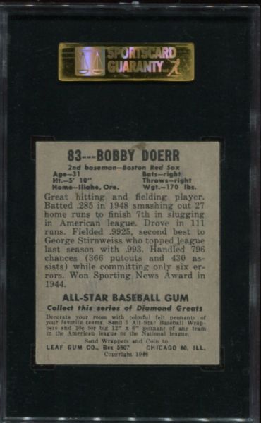 1948-49 Leaf Gum #83 Bobby Doerr SGC 60