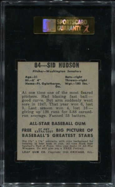 1948-49 Leaf Gum #84 Sid Hudson SGC 80