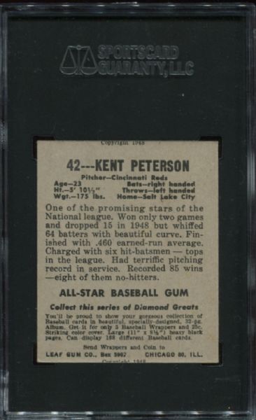 1948-49 Leaf Gum #42 Kent Peterson Red Cap SGC 80