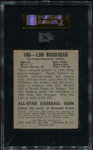 1948-49 Leaf Gum #106 Lou Boudreau SGC 60