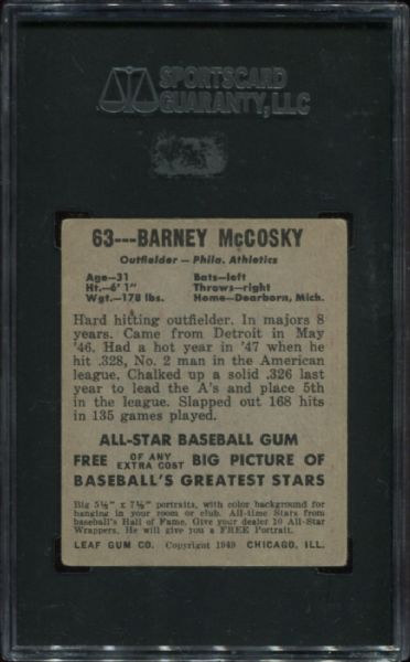 1948-49 Leaf Gum #63 Barney McCosky Short Print SGC 50