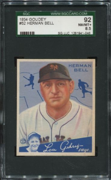 1934 Goudey #52 Herman Bell SGC 92